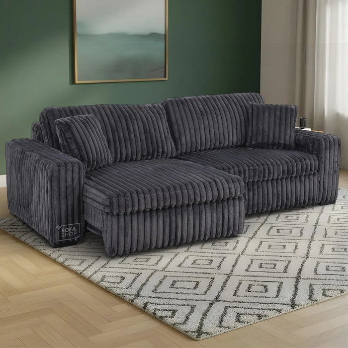 Extendable Electric Sofa - Bed in Grey Corduroy Fabric | 3 Seater Smart Cinema Couch with Power Sliding Motion | USBc Charging Ports | Palma