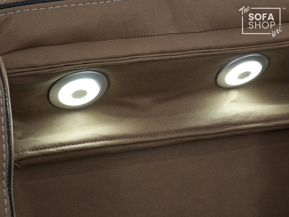 3 Seater Electric Recliner Cinema Sofa in Brown Fabric | Hi-Tech Sofa With Massage, Fold-Down Table, Bluetooth Speakers, LED Lights & Power Headrest | Tuscany | The Sofa Shop