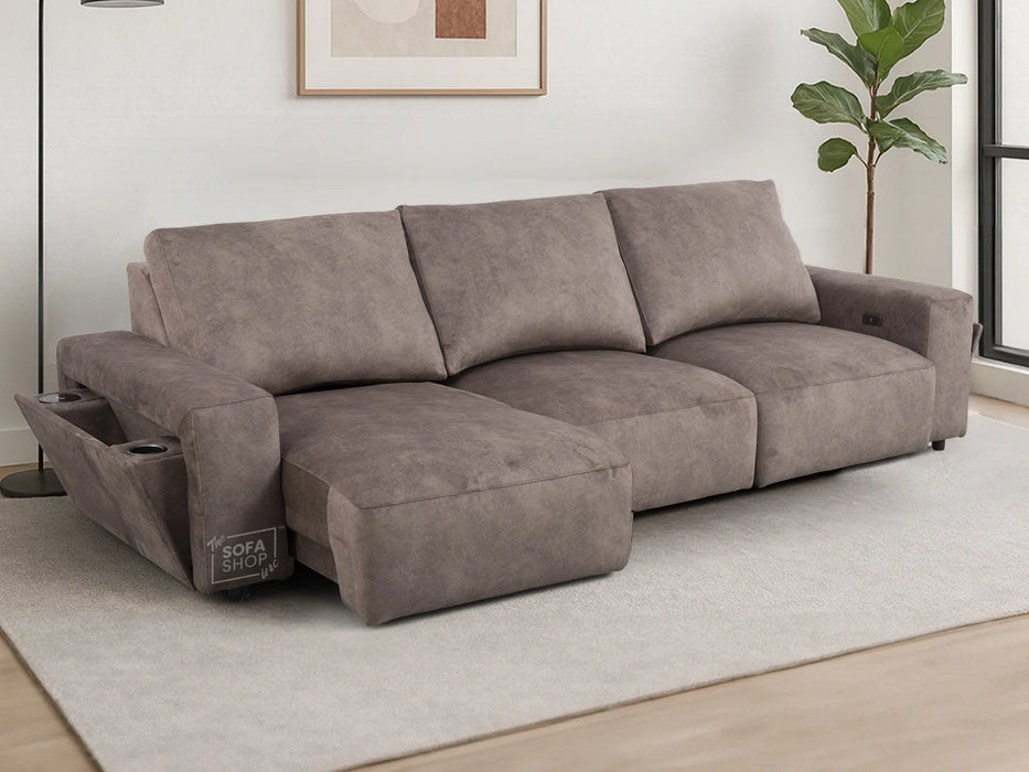 Extendable Electric Sofa - Bed in Mocha Velvet Fabric | 3 Independant Power Motion Seats Perfect for Cinema Room & Home Theatre | 3 Seater with Cupholder + USBc & Wireless Charging | Almeria