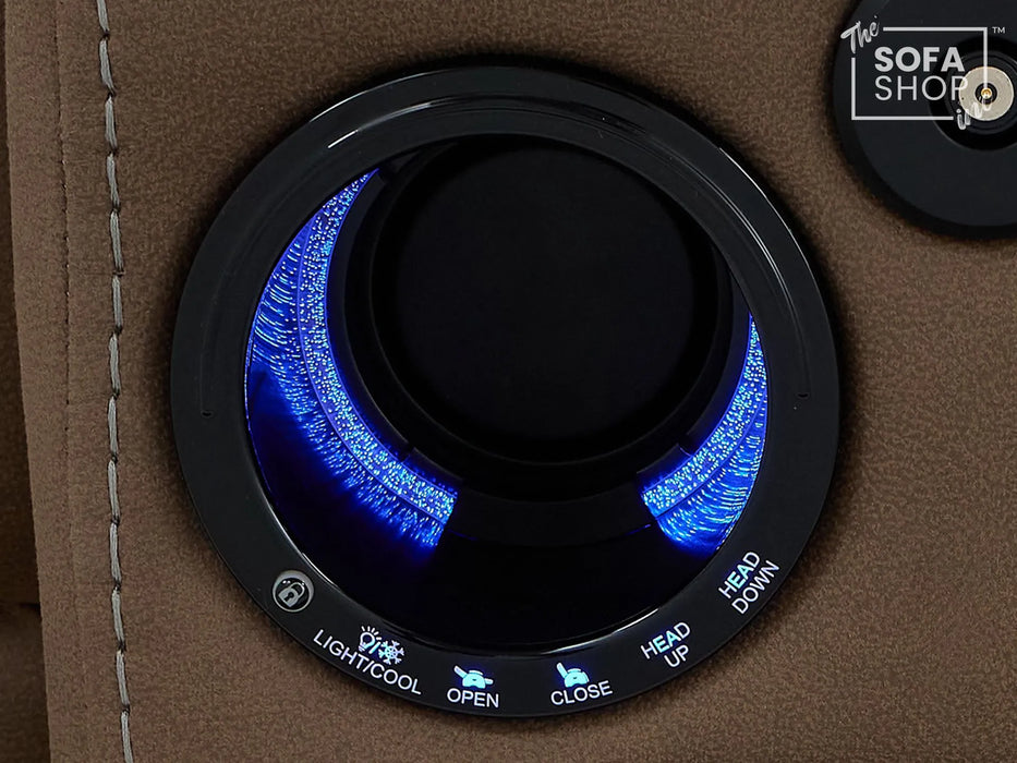 2 Seater Electric Recliner Cinema Sofa in Brown Fabric | Hi-Tech Sofa with 8-Point Massage, USB, Speakers, Power Headrest, Storage & Chilled Cup Holders | Tuscany | The Sofa Shop