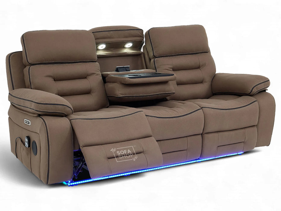 3 Seater Electric Recliner Cinema Sofa in Brown Fabric | Hi-Tech Sofa With Massage, Fold-Down Table, Bluetooth Speakers, LED Lights & Power Headrest | Tuscany | The Sofa Shop