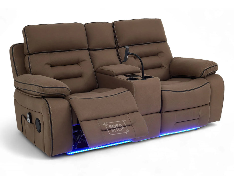 2 Seater Electric Recliner Cinema Sofa in Brown Fabric | Hi-Tech Sofa with 8-Point Massage, USB, Speakers, Power Headrest, Storage & Chilled Cup Holders | Tuscany | The Sofa Shop
