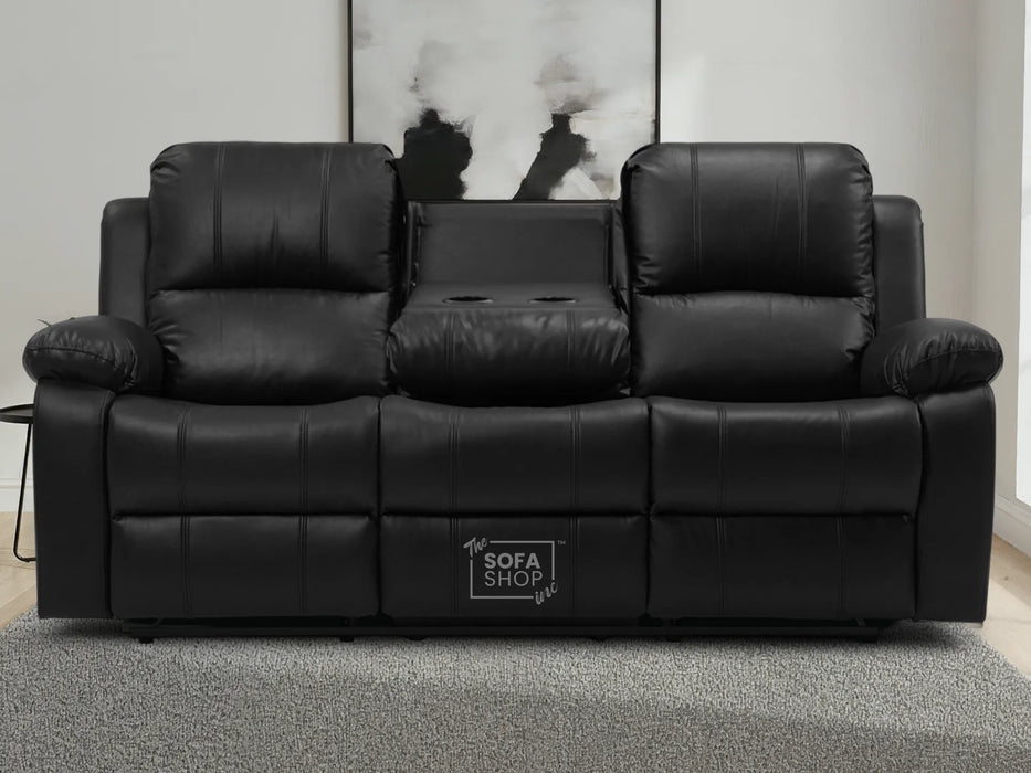 3 Seater Recliner Sofa in Black Leather with Drop-Down Table & Cup Holders | Easy to Clean & Comfortable | Trento