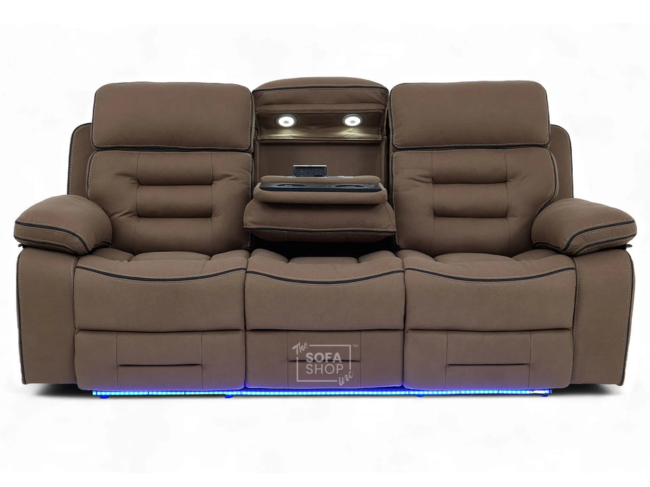 3 Seater Electric Recliner Cinema Sofa in Brown Fabric | Hi-Tech Sofa With Massage, Fold-Down Table, Bluetooth Speakers, LED Lights & Power Headrest | Tuscany | The Sofa Shop