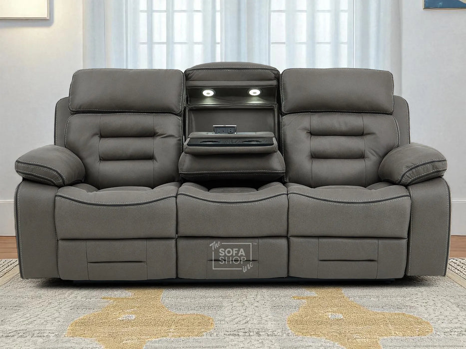 3 Seater Electric Recliner Cinema Sofa in Graphite Dark Grey Fabric | Hi-Tech Sofa with Cupholders + Console + Table + Power Headrest + USB Ports + Speakers | Tuscany | The Sofa Shop