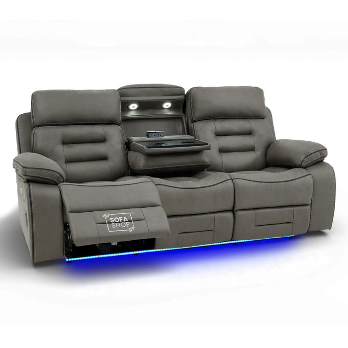 3 Seater Electric Recliner Cinema Sofa in Graphite Dark Grey Fabric | Hi-Tech Sofa with Cupholders + Massage + Table + Power Headrest + USB Ports + Speakers | Tuscany | The Sofa Shop