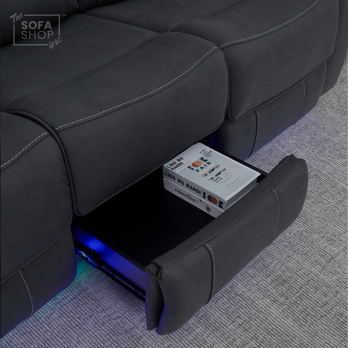 3 Seat Electric Recliner Home Cinema Sofa | Fabric Couch In Charcoal Grey | Hi-Tech Sofa with Massage + Cupholders + Table + Power Headrests + Speakers | Florence