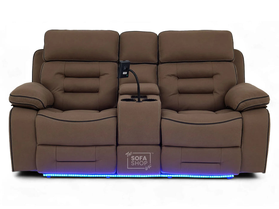 2 Seater Electric Recliner Cinema Sofa in Brown Fabric | Hi-Tech Sofa with 8-Point Massage, USB, Speakers, Power Headrest, Storage & Chilled Cup Holders | Tuscany | The Sofa Shop