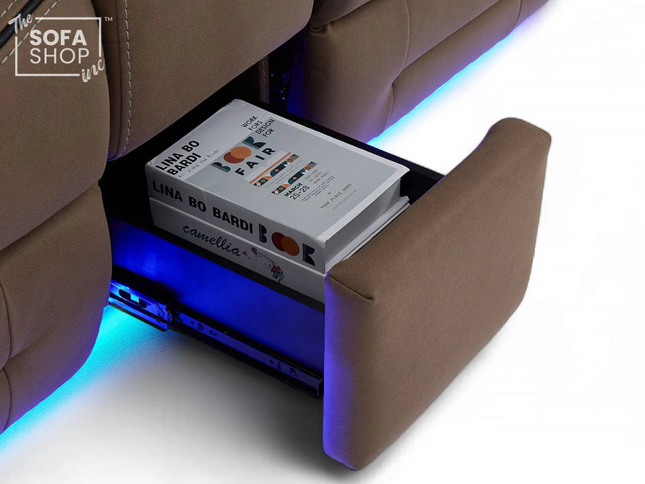2 Seater Electric Recliner Cinema Sofa in Brown Fabric | Hi-Tech Sofa with 8-Point Massage, USB, Speakers, Power Headrest, Storage & Chilled Cup Holders | Tuscany | The Sofa Shop