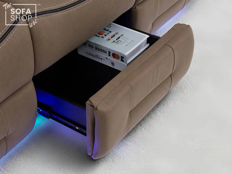 3 Seater Electric Recliner Cinema Sofa in Brown Fabric | Hi-Tech Sofa With Massage, Fold-Down Table, Bluetooth Speakers, LED Lights & Power Headrest | Tuscany | The Sofa Shop