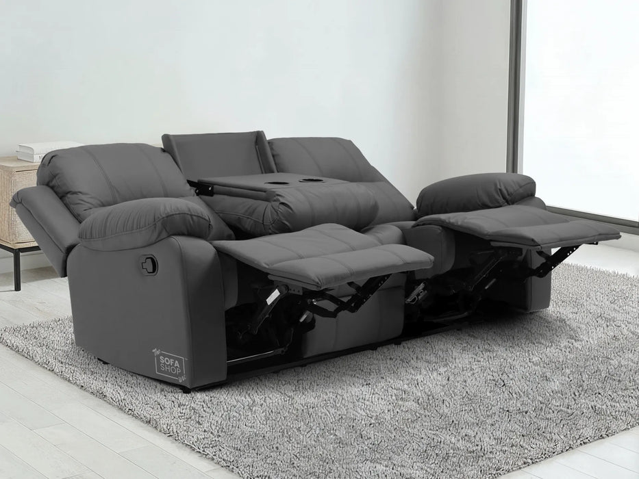 3 Seater Recliner Sofa in Grey Leather with Drop-Down Table & Cup Holders | Stylish & Easy-Care Recliner Sofa | Trento