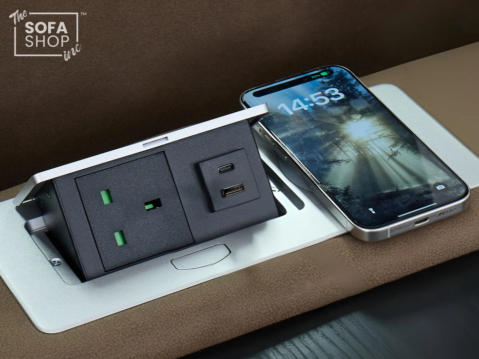 3 Seater Electric Recliner Cinema Sofa in Brown Fabric | Hi-Tech Sofa With Massage, Fold-Down Table, Bluetooth Speakers, LED Lights & Power Headrest | Tuscany | The Sofa Shop