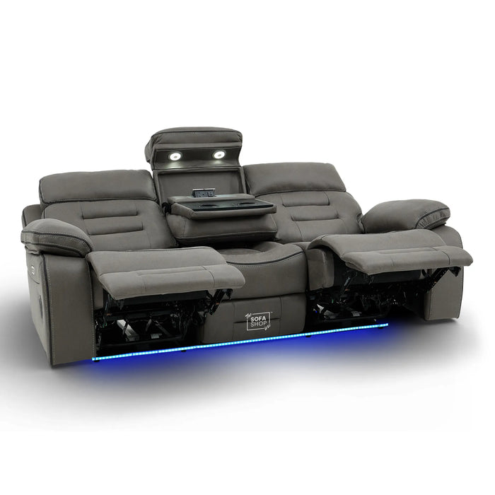 3 Seater Electric Recliner Cinema Sofa in Graphite Dark Grey Fabric | Hi-Tech Sofa with Cupholders + Massage + Table + Power Headrest + USB Ports + Speakers | Tuscany | The Sofa Shop