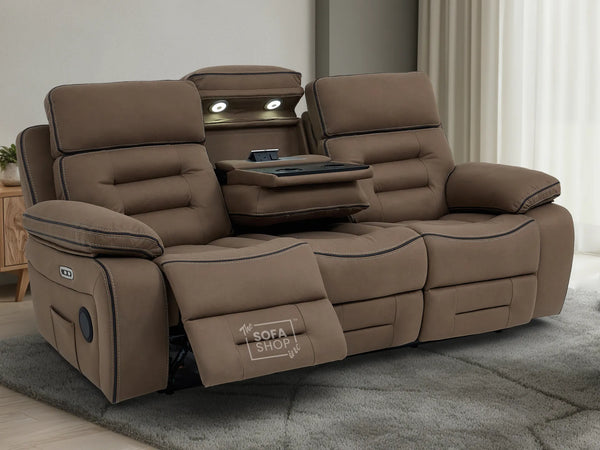 3 Seater Electric Recliner Cinema Sofa in Brown Fabric | Hi-Tech Sofa with Cupholders + Console + Table + Power Headrest + USB Ports + Speakers | Tuscany | The Sofa Shop