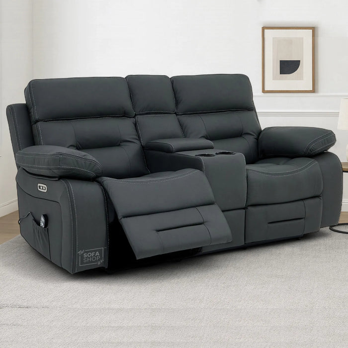 2 Seater Electric Recliner Cinema Sofa in Grey Real Leather | Hi-Tech Cinema Seats with Massage, Console, Power Headrest, Power Recliner, Storage Drawer & USB Ports | Sicily