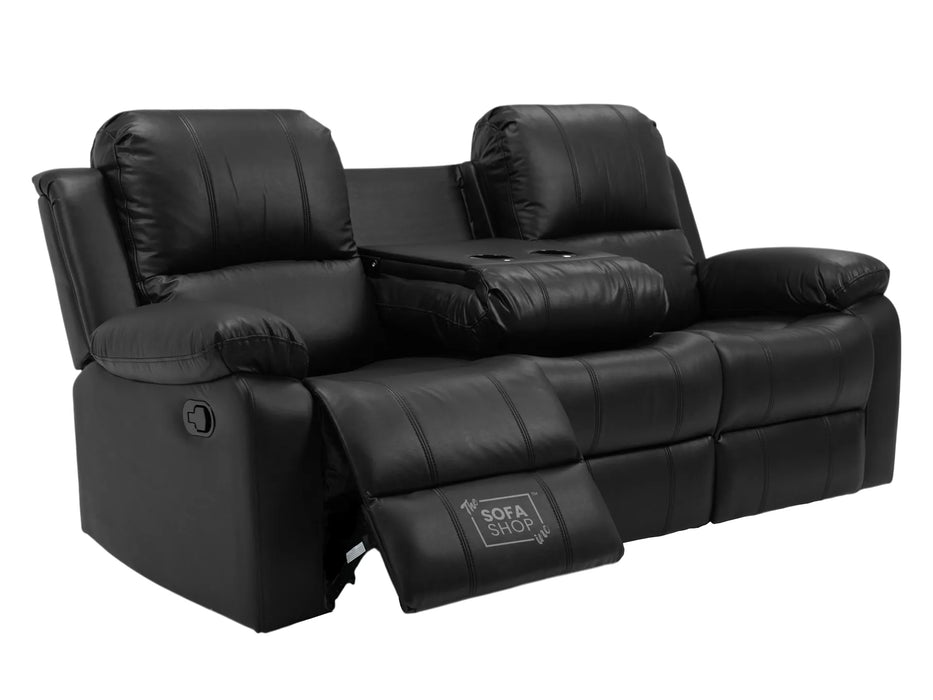 3 Seater Recliner Sofa in Black Leather with Drop-Down Table & Cup Holders | Easy to Clean & Comfortable | Trento