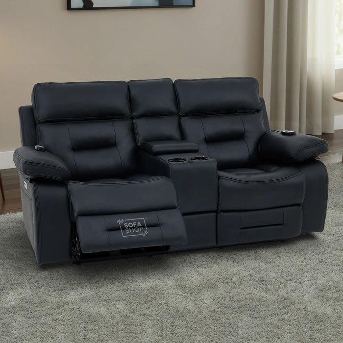 3+2+1 Electric Recliner Sofa Set in Black Real Leather | Hi-Tech Cinema Suite with Massage, Drop-Down Table, Power Headrest, Power Recliner, Storage Drawer, USB Port | Sicily