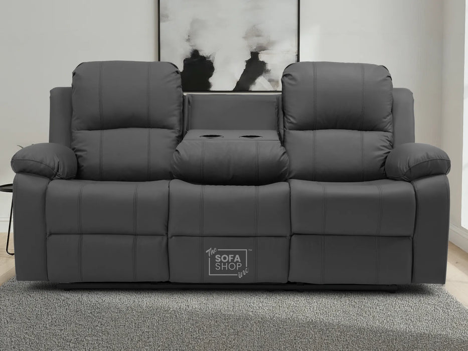3 Seater Recliner Sofa in Grey Leather with Drop-Down Table & Cup Holders | Stylish & Easy-Care Recliner Sofa | Trento