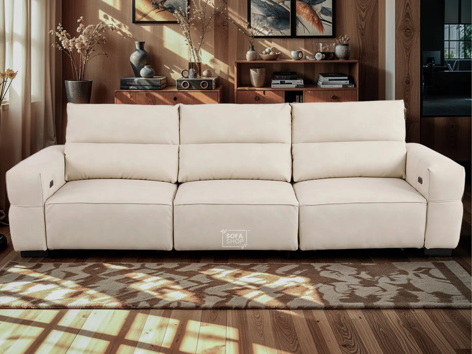 Extendable Electric Sofa - Bed in Cream Resillience Fabric | 3 Seater Smart Power Sliding Couch for Home Theatre Seating | USBc Ports | Murcia