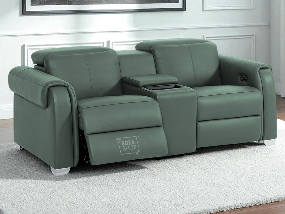 3+2+1 Electric Recliner Couch Set | 3 Piece Reclining Lounge Suite in Green Real Leather with Massage, Console, Wireless Charging, USB Ports & Power Headrests | Turin | The Sofa Shop