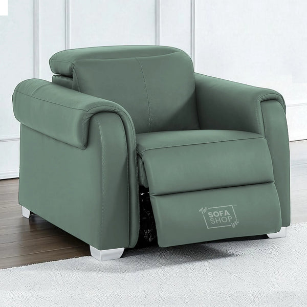 Real Leather Electric Recliner Chair In Green | Hi-Tech Chair with Massage, Power Headrest + USB Charging Ports | Turin