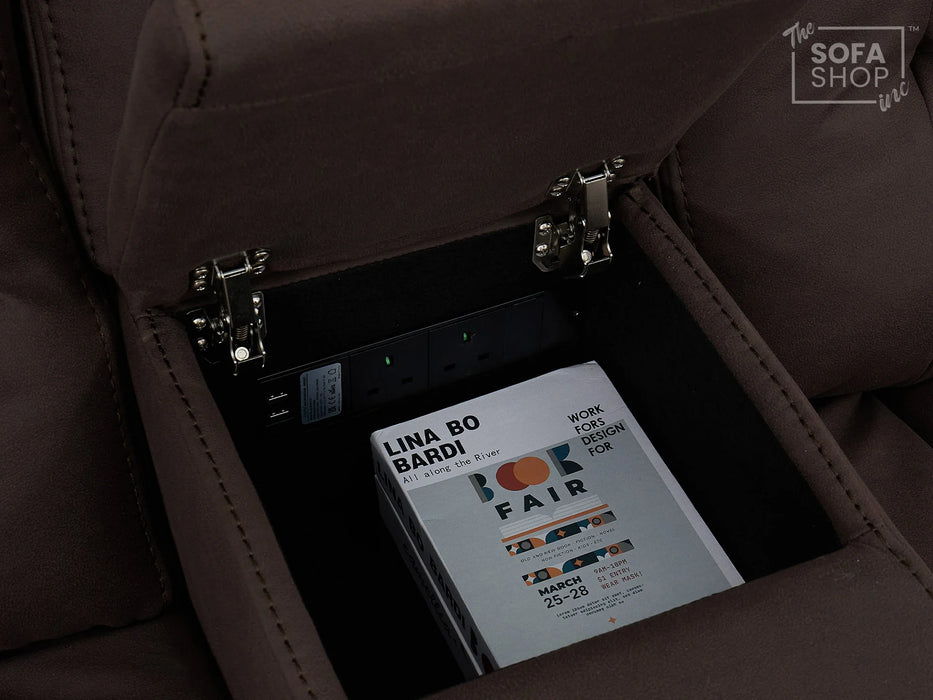 3+2 Electric Recliner Sofa Set in Brown Resillience Fabric | Hi-Tech Cinema Package with Massage, Drop-Down Table, Power Headrest, Power Recliner, Storage Drawer, USB & Wireless Charging | Sicily