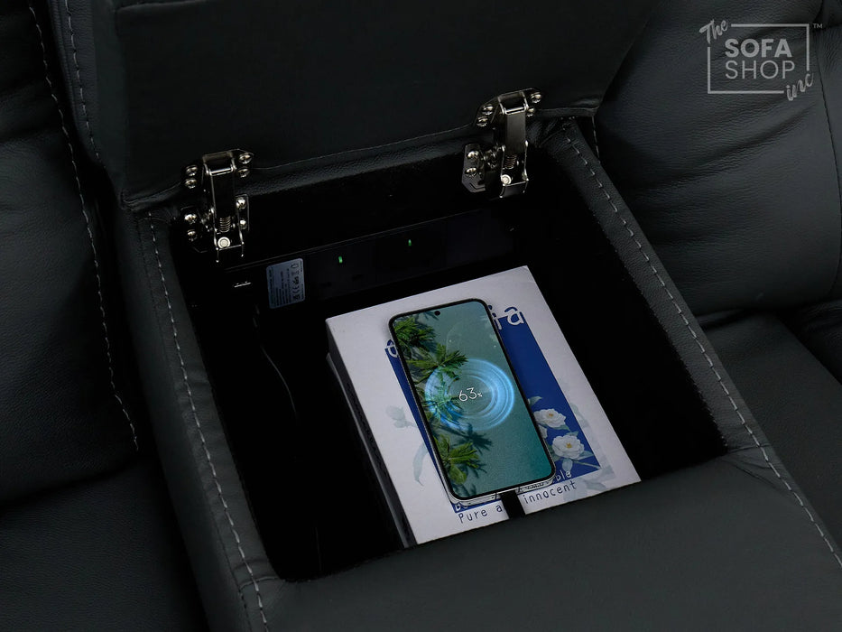 3+2 Electric Recliner Sofa Set in Grey Real Leather | Hi-Tech Cinema Package with Massage, Drop-Down Table, Power Headrest, Power Recliner, Storage Drawer, USB & Wireless Charging | Grey Real Leather | Sicily