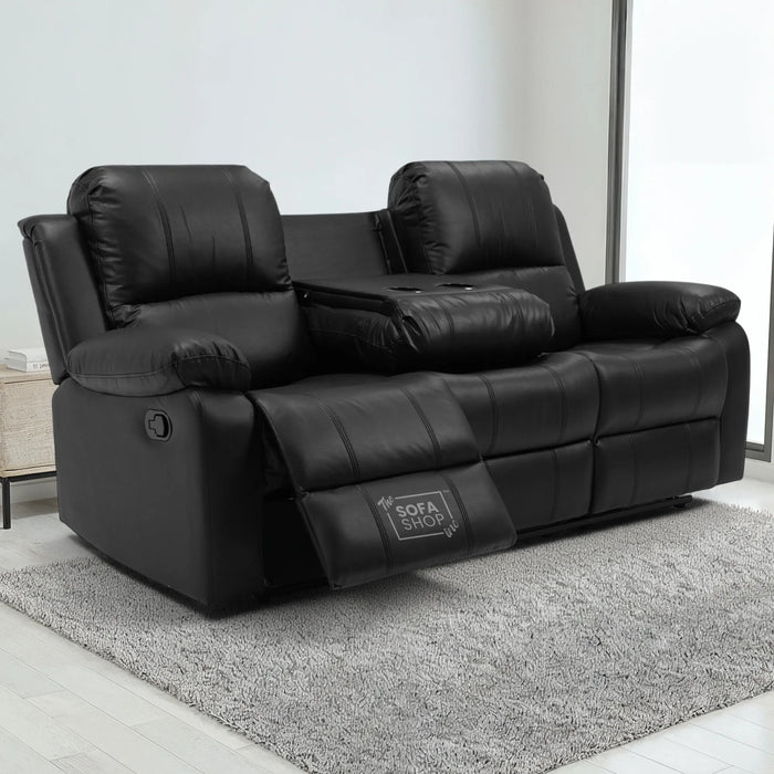3 Seater Recliner Sofa in Black Leather with Drop-Down Table & Cup Holders | Easy to Clean & Comfortable | Trento