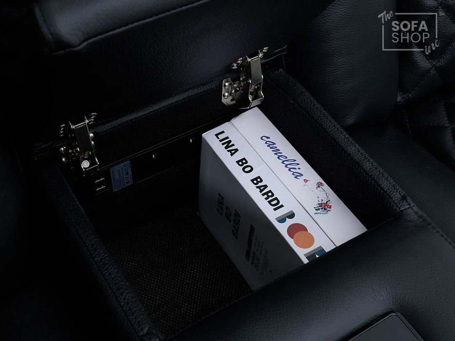 2 Seater Real Leather Electric Recliner Cinema Sofa in Black | Hi-Tech Sofa with Adjustable Headrest, Lumbar Support, Bluetooth Speaker | Milano | The Sofa Shop