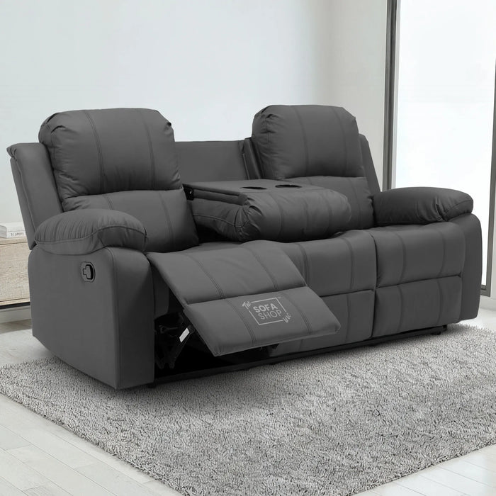 3 Seater Recliner Sofa in Grey Leather with Drop-Down Table & Cup Holders | Stylish & Easy-Care Recliner Sofa | Trento