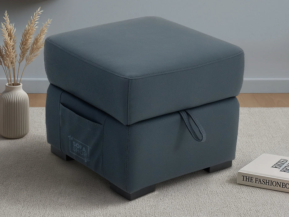 Blue Real Leather Footstool | Storage Ottoman for Sofa - Square