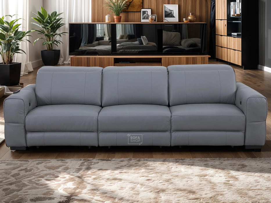 Extendable Electric Sofa - Bed in Grey Real Leather | 3 Independant Power Motion Seats Perfect for Cinema Room & Home Theatre | Adjustable Headrests | USBc Ports | Sevilla