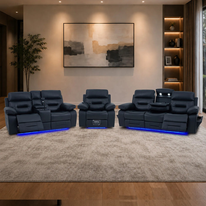 3+2+1 Electric Recliner Sofa Set in Black Genuine Leather | Hi-Tech Sofa Suite with Power Recline, Power Headrests, Wireless Charging, Heating & Cooling Cupholders | Sicily | The Sofa Shop