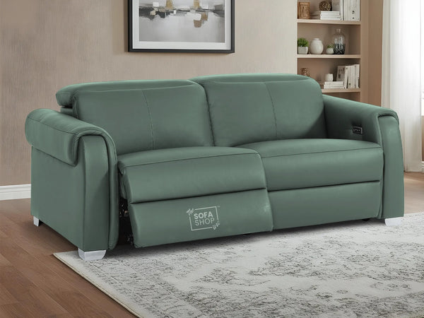 3 Seater Real Leather Recliner Sofa In Green | Hi-Tech Sofa with Massage, USB Ports & Power Headrest | Turin
