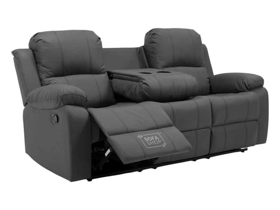 3 Seater Recliner Sofa in Grey Leather with Drop-Down Table & Cup Holders | Stylish & Easy-Care Recliner Sofa | Trento