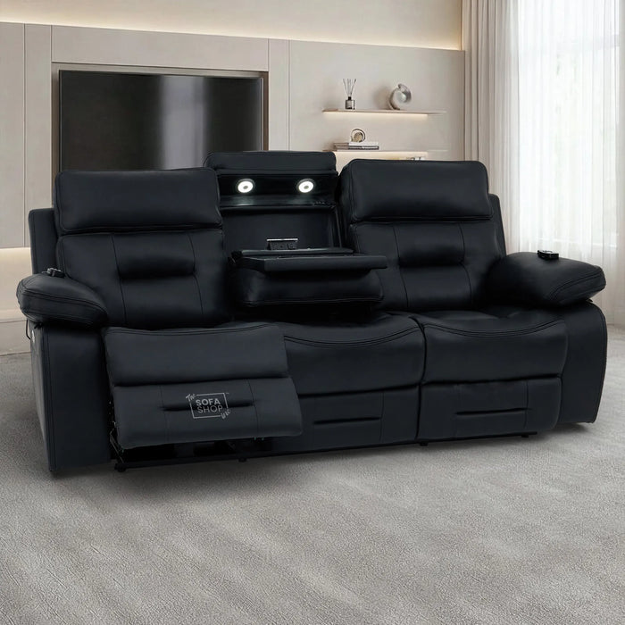 3 Seater Electric Recliner Cinema Sofa in Black Real Leather | Hi-Tech Recliner Cinema Sofa with Massage, Drop-Down Table, LED Reading Light, Power Headrest, Power Recliner, Storage Drawer, USB & Wireless Charging | Sicily