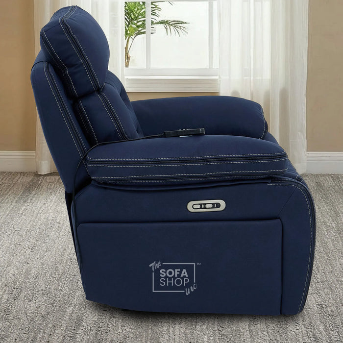 3+2+1  Electric Recliner Cinema Sofa Set in Blue Fabric | Hi-Tech Sofa Suite with Massage, Heated Lumbar, Bluetooth Speakers, Console & Wireless Charging | Tuscany | The Sofa Shop