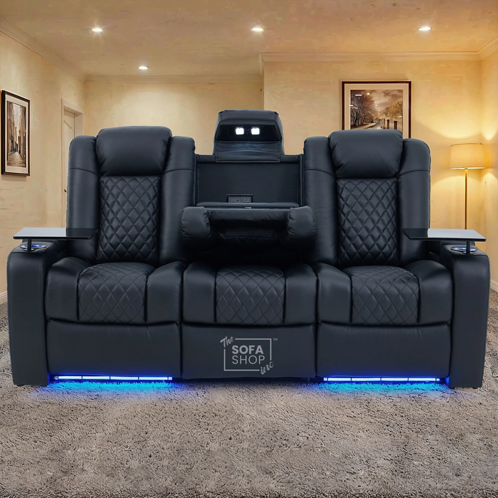 Real Leather 3+1 Sofa Set in Black | Hi-Tech 2-Piece Sofa  Suite with Power Recline + Power Headrests + Wireless Charging + Bluetooth Speakers + Heat & Cool Cupholders | Milano | The Sofa Shop