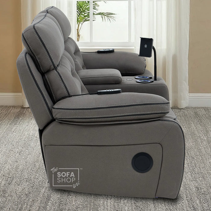 3+2 Fabric Recliner Sofas | Grey Electric Home Cinema Suite with Massage, Heat, Bluetooth Speakers, Cooling Cupholders, Wireless Charging & Power Headrests | Tuscany | The Sofa Shop