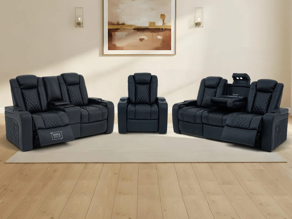 Real Leather 3+2+1 Electric Recliner Sofa Set in Black | Hi-Tech 3 Piece Sofa Package with Power Lumbar Support, Adjustable Headrest & Wireless Charger | Milano | The Sofa Shop