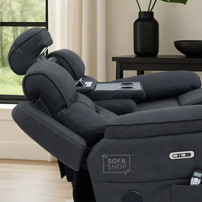 3 Seat Electric Recliner Home Cinema Sofa | Fabric Couch In Charcoal Grey | Hi-Tech Sofa with Massage + Cupholders + Table + Power Headrests + Speakers | Florence