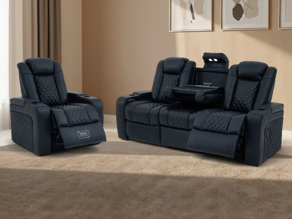 Real Leather 3+1 Sofa Set in Black | Hi-Tech 3-Piece Sofa Package with Electric Recline, Adjustable Headrest, Power Lumbar Support & USB Ports | Milano | The Sofa Shop