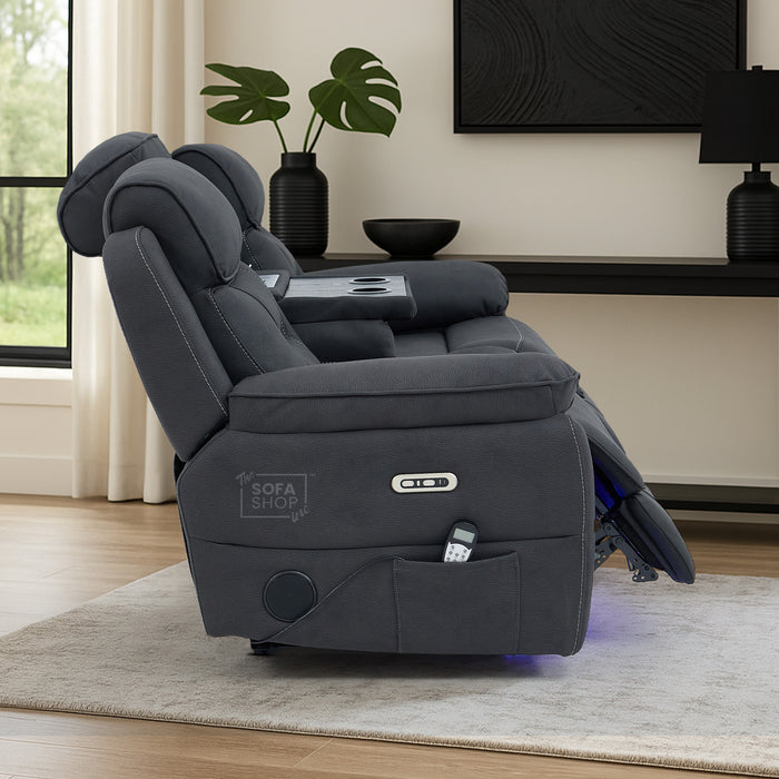 3 Seat Electric Recliner Home Cinema Sofa | Fabric Couch In Charcoal Grey | Hi-Tech Sofa with Massage + Cupholders + Table + Power Headrests + Speakers | Florence