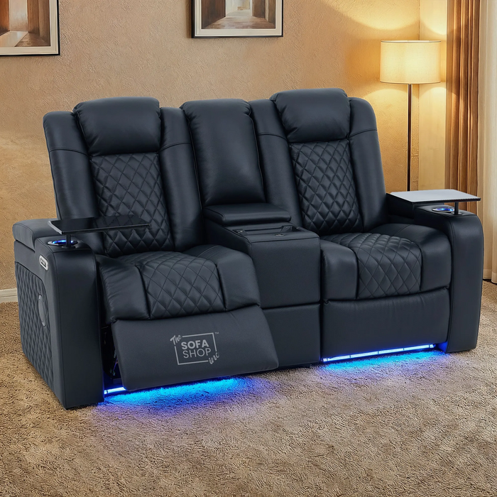 Black Real Leather 2 Seater Electric Recliner Cinema Sofa | Power Headrest, Speakers, Console, Wireless Charging & Cooling Cup Holders | Milano | The Sofa Shop