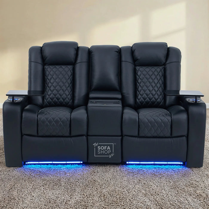Black Real Leather 2 Seater Electric Recliner Cinema Sofa | Power Headrest, Speakers, Console, Wireless Charging & Cooling Cup Holders | Milano | The Sofa Shop