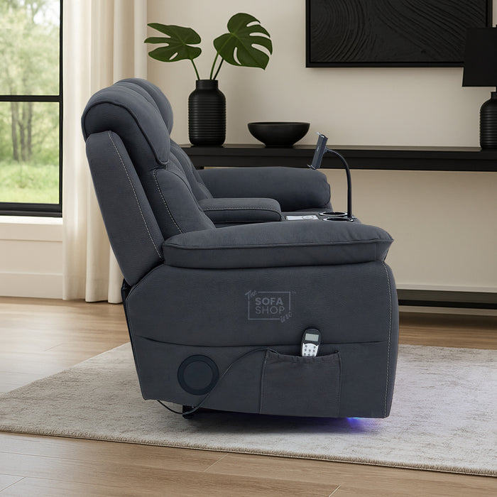 2 Seat Electric Recliner Home Cinema Sofa | Fabric Couch In Charcoal Grey | Hi-Tech Sofa with Massage + Chilled Cupholders + Console + USB | Florence