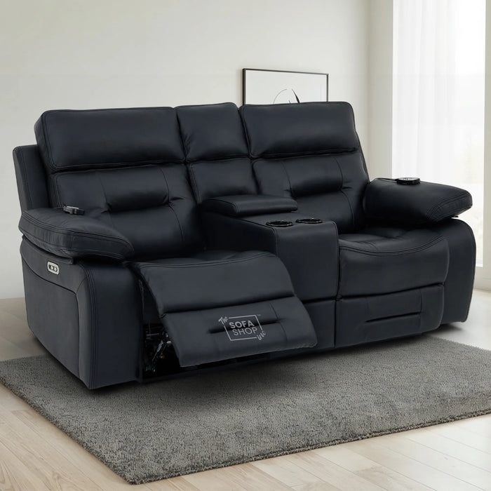 2 Seater Electric Recliner Cinema Sofa in Black Real Leather | Hi-Tech Cinema Seats with Massage, Console, Power Headrest, Power Recliner, Storage Drawer & USB Ports | Sicily
