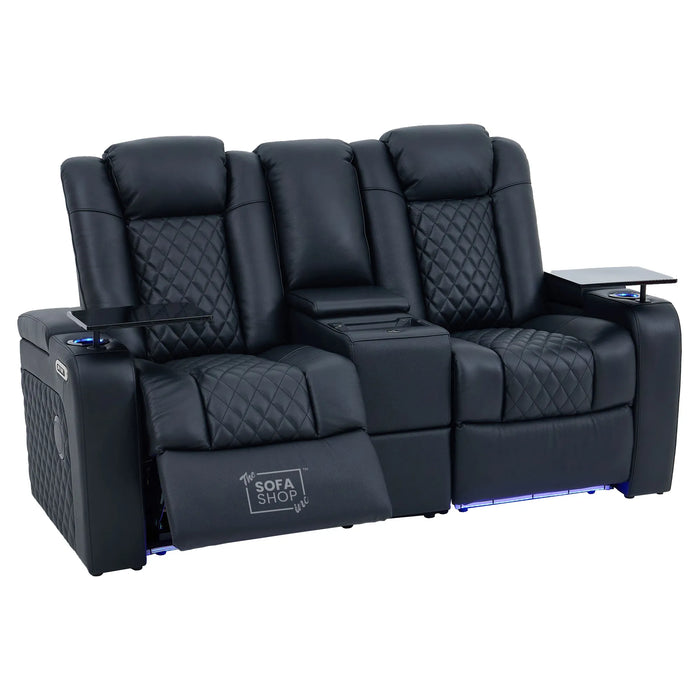Black Real Leather 2 Seater Electric Recliner Cinema Sofa | Power Headrest, Speakers, Console, Wireless Charging & Cooling Cup Holders | Milano | The Sofa Shop
