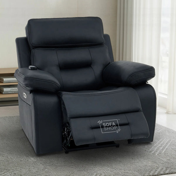 Electric Recliner Chair In Black Real Leather | Hi-Tech Cinema Seat with Power Headrest, Massage, Power Recliner & USB-C Ports | Sicily