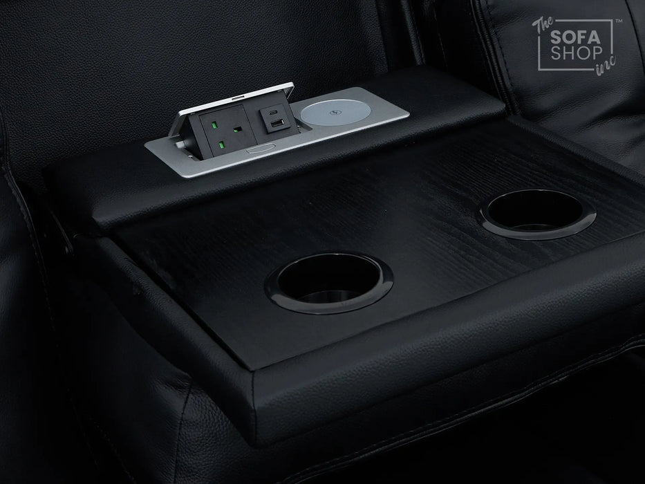 3+2 Electric Recliner Sofa Set in Black Real Leather | Hi-Tech Cinema Package with Massage, Drop-Down Table, Power Headrest, Power Recliner, Storage Drawer, USB & Wireless Charging | Sicily